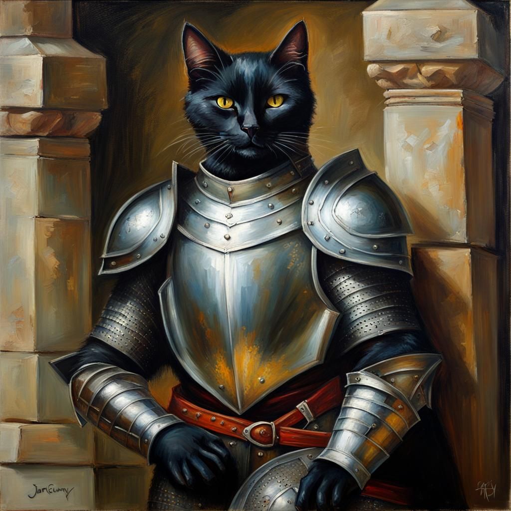 Black Cat in Medieval Armor, Oil Painting