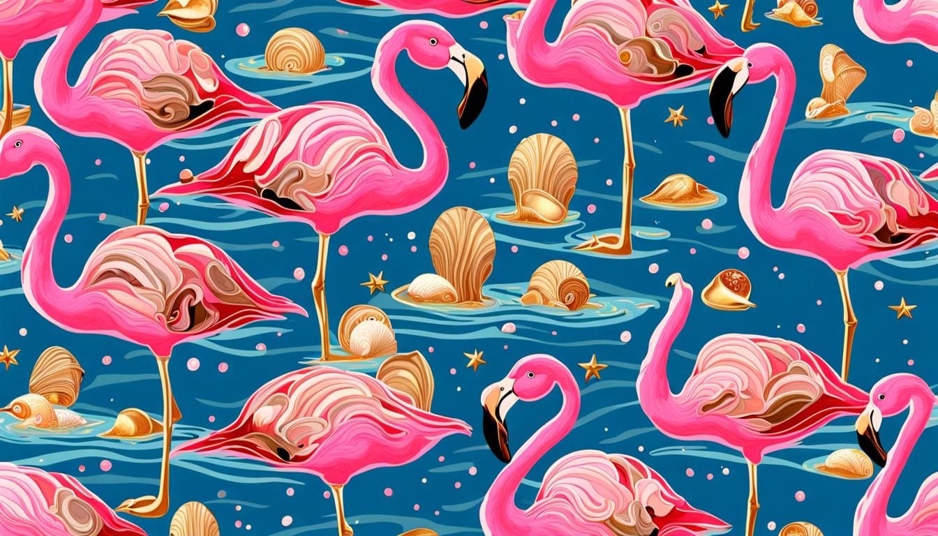 Golden Flamingo in Opulent Beach Scene