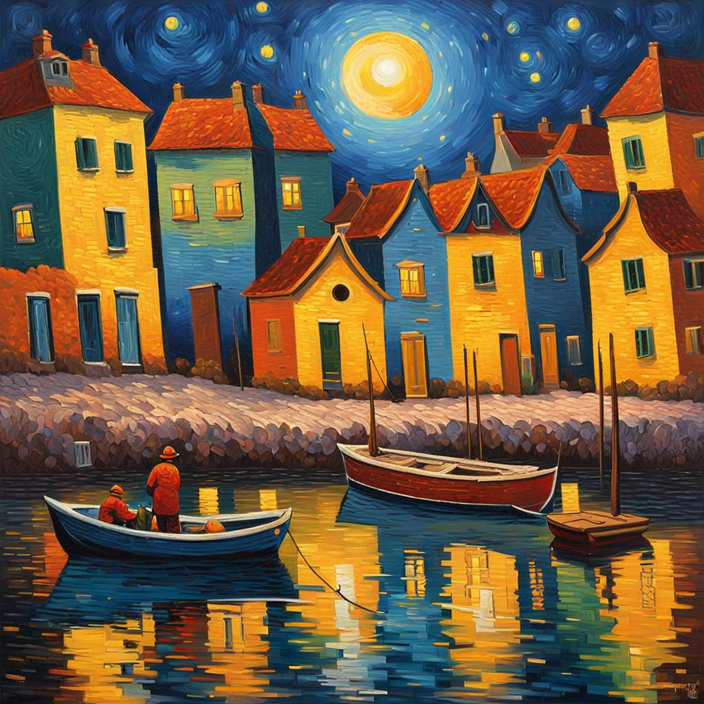 Fisherman's Village Under Starry Sky as Impasto Painting