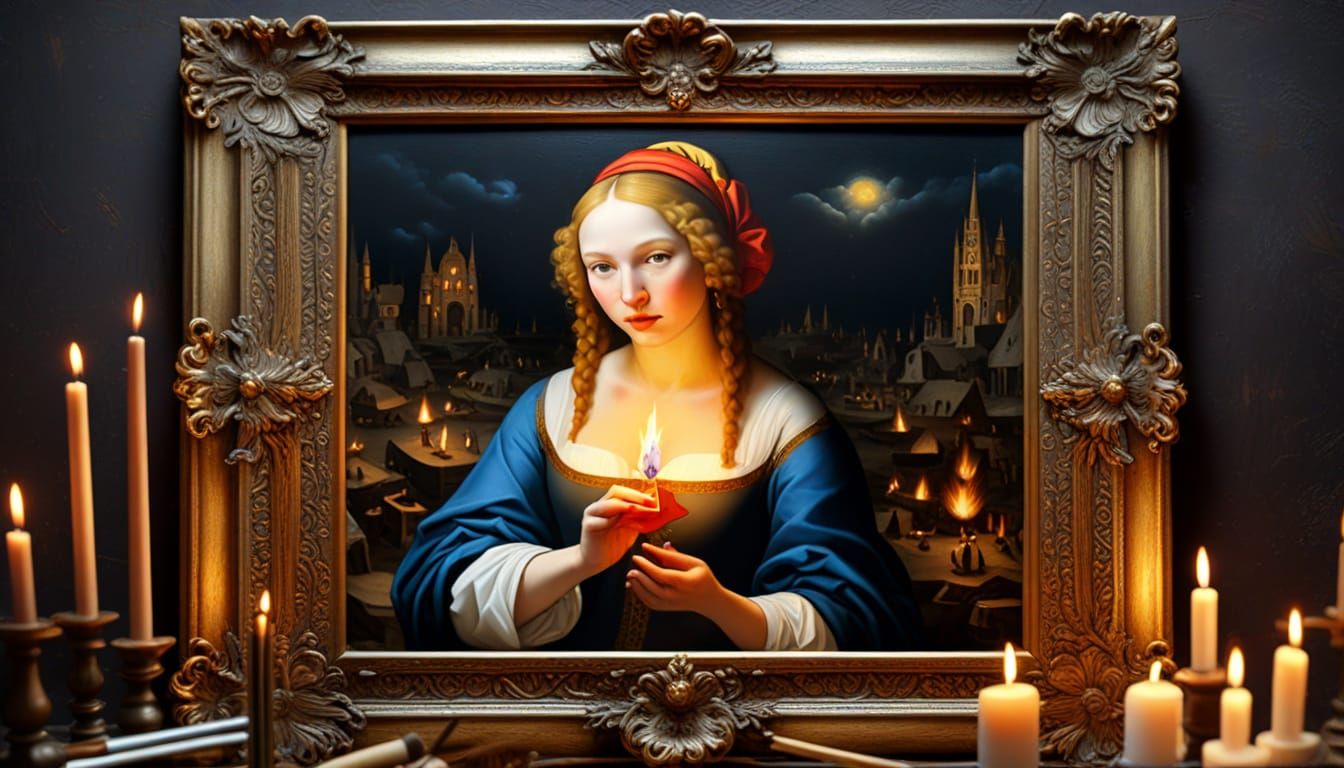 Surreal Woman Strikes Match in Dark Oil Painting