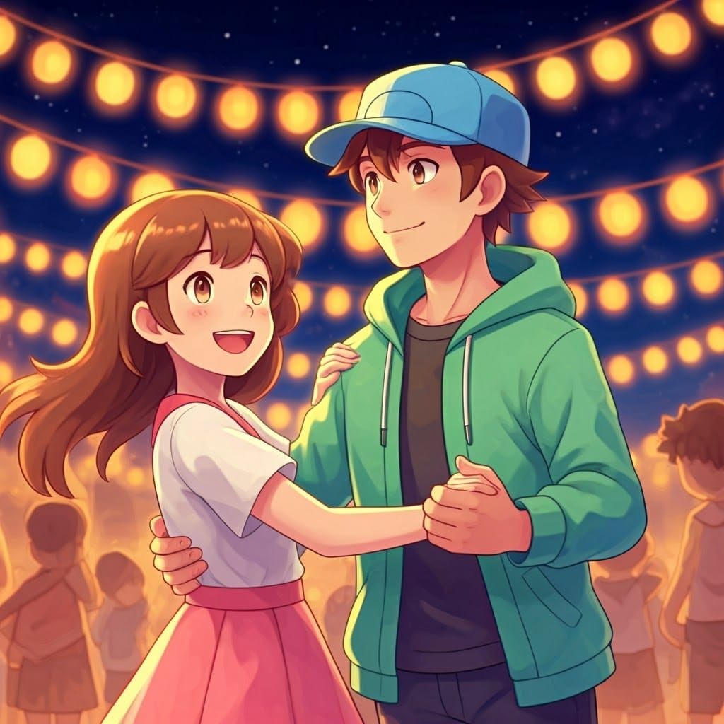 Pokémon Trainer Dancing at Night Festival in Ghibli Style