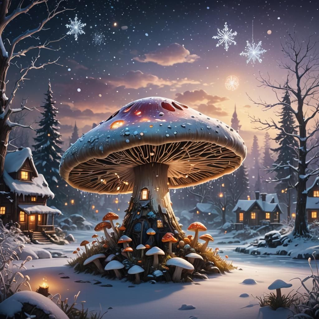 Magical Mushroom City in Snowy Landscape
