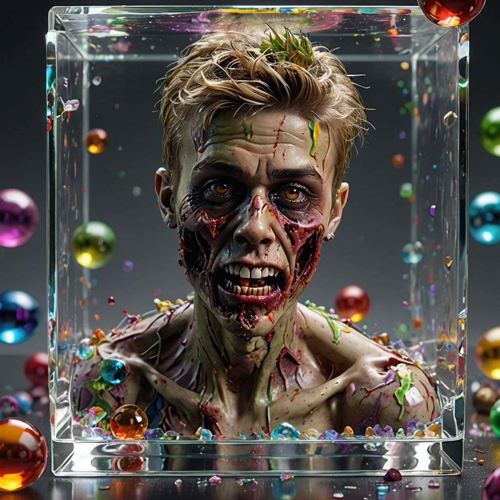Zombie Justin Bieber in Crystal Cube: Hyperrealistic 3D Rend...