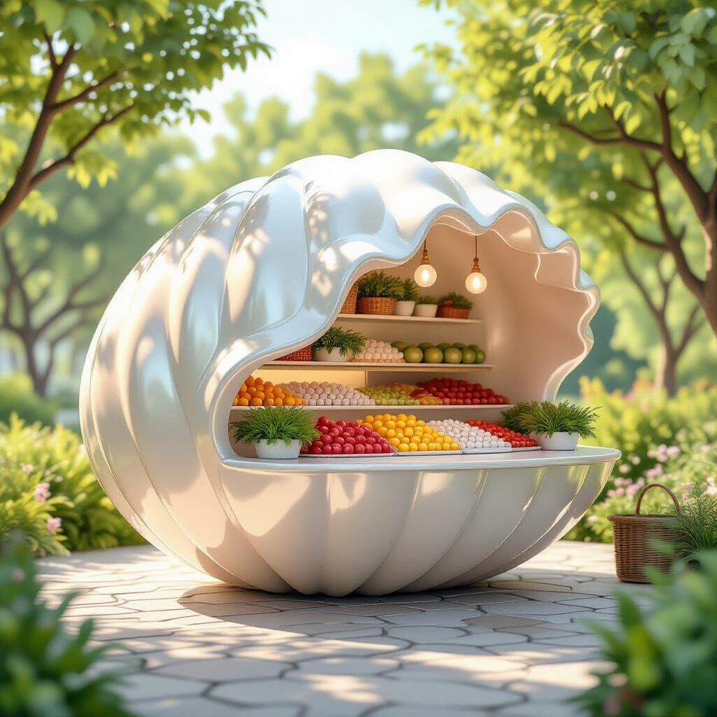 Whimsical Shell Farm Stand Floating in Fantasy Landscape