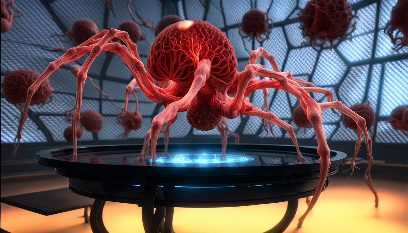 Luminous Multi-Armed Being in Dark Lab, Surrealist Art