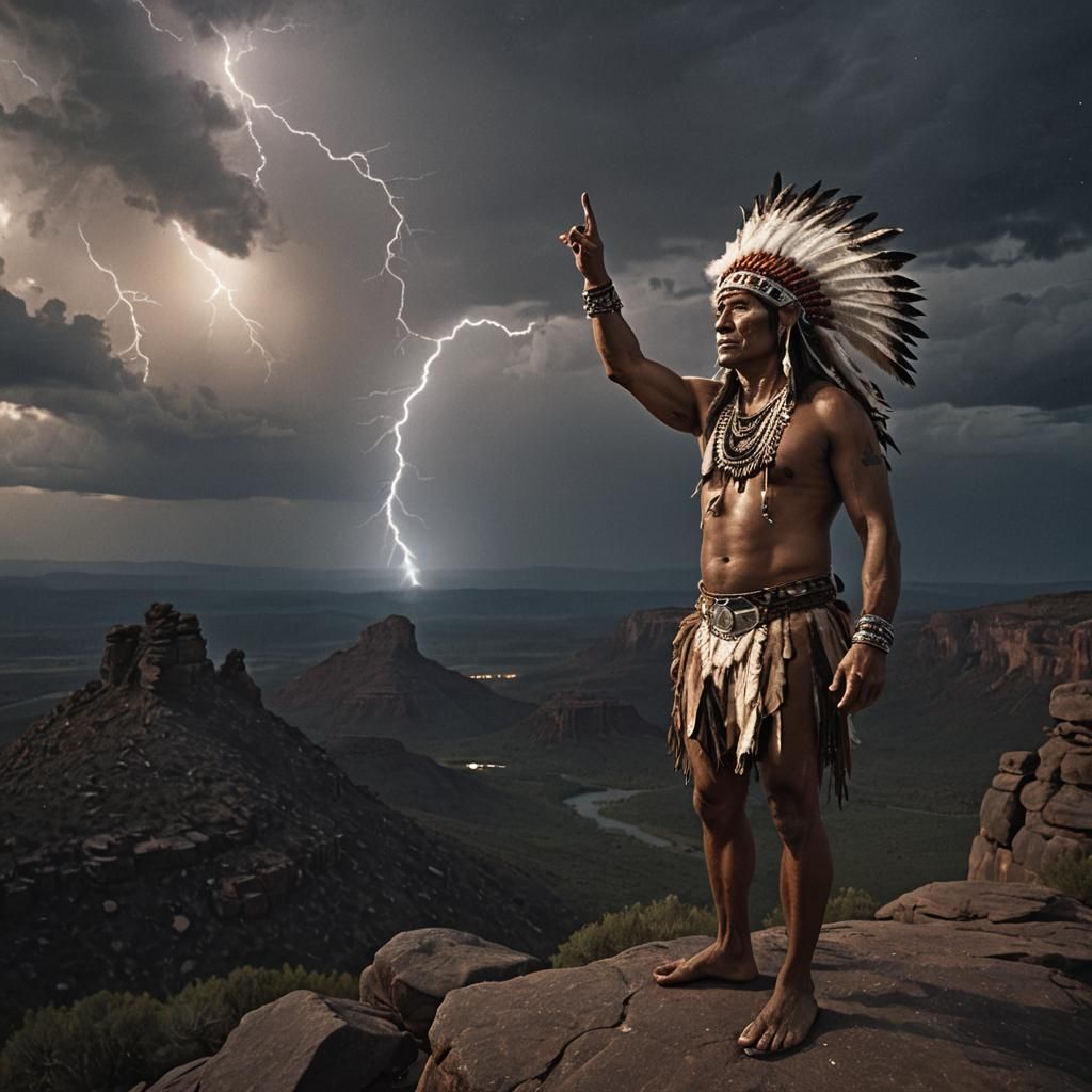 Native American Man on Butte with Lightning