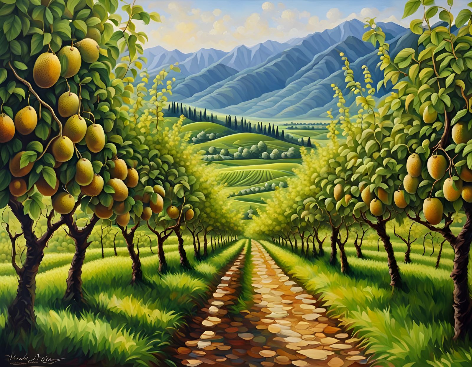 Kiwifruit Plantation in Kashmir Valley: Oil Painting
