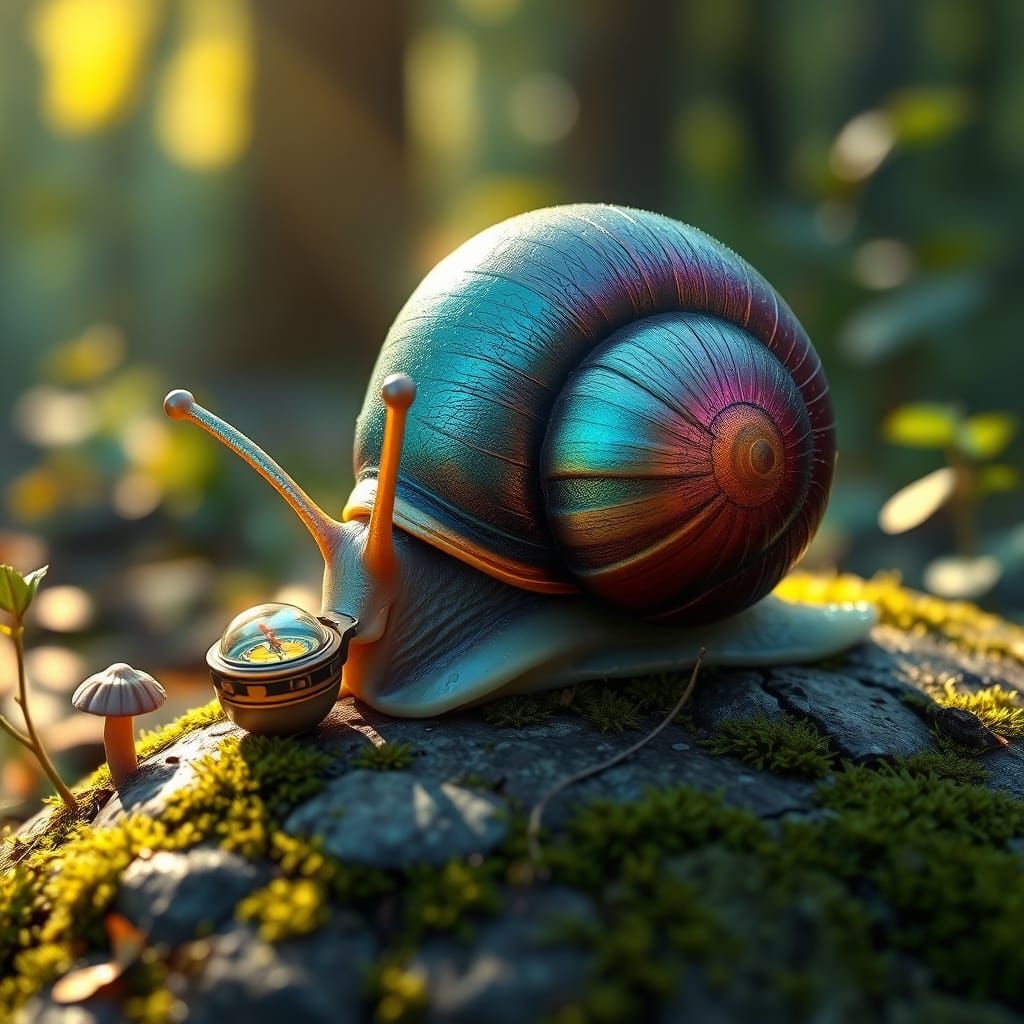 Whimsical Snail with Glowing Compass in Forest Glade
