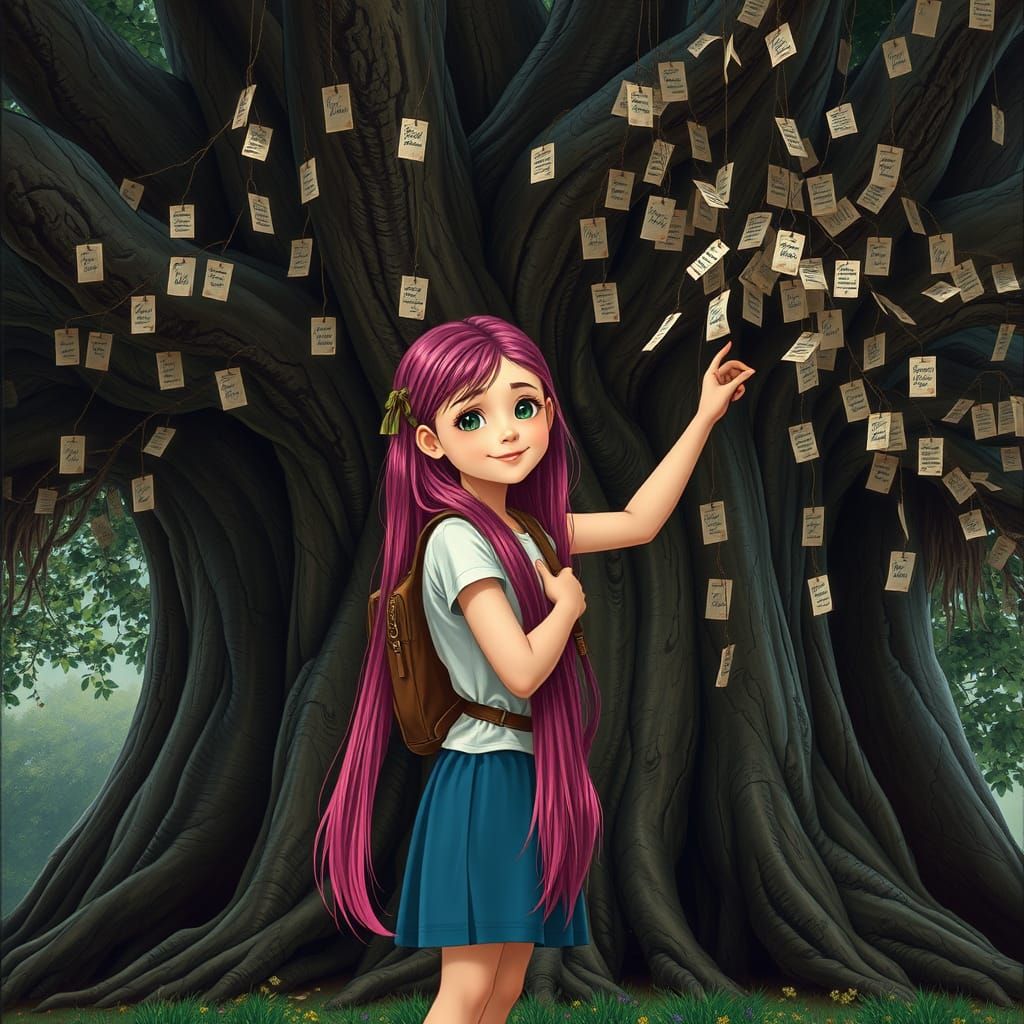 Girl with Long Pink Hair by Ancient Wish Tree