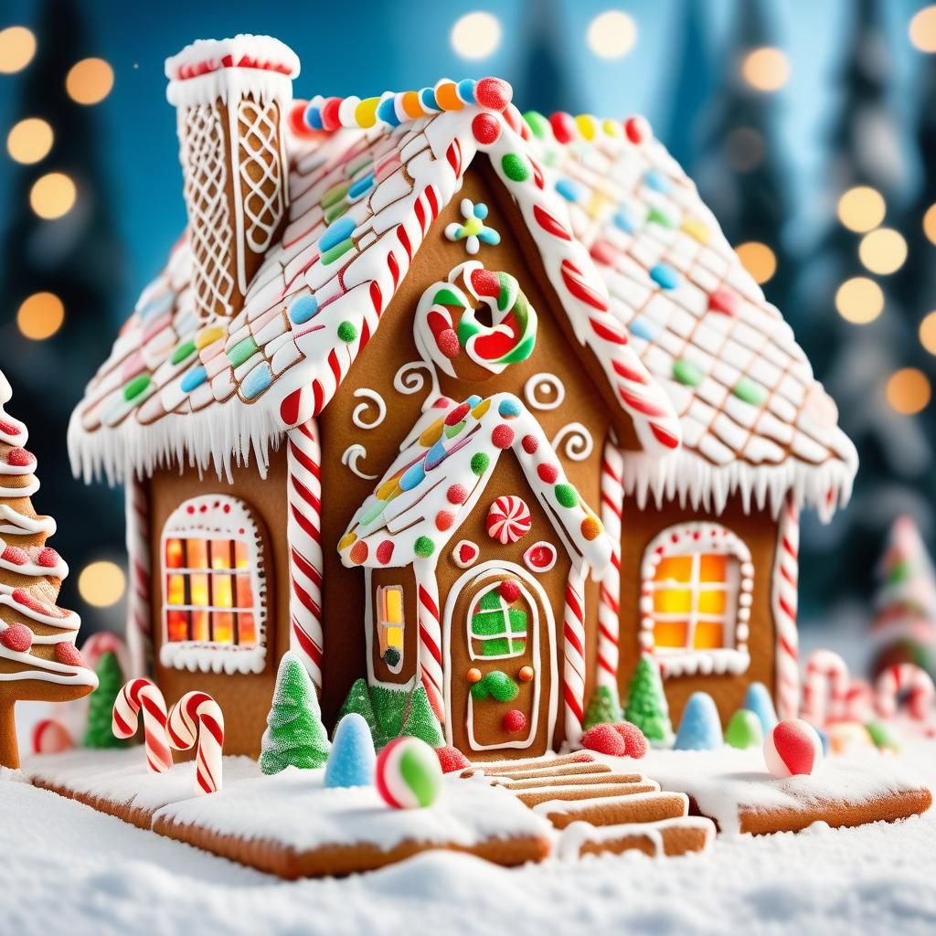 Detailed Gingerbread House in Winter Wonderland