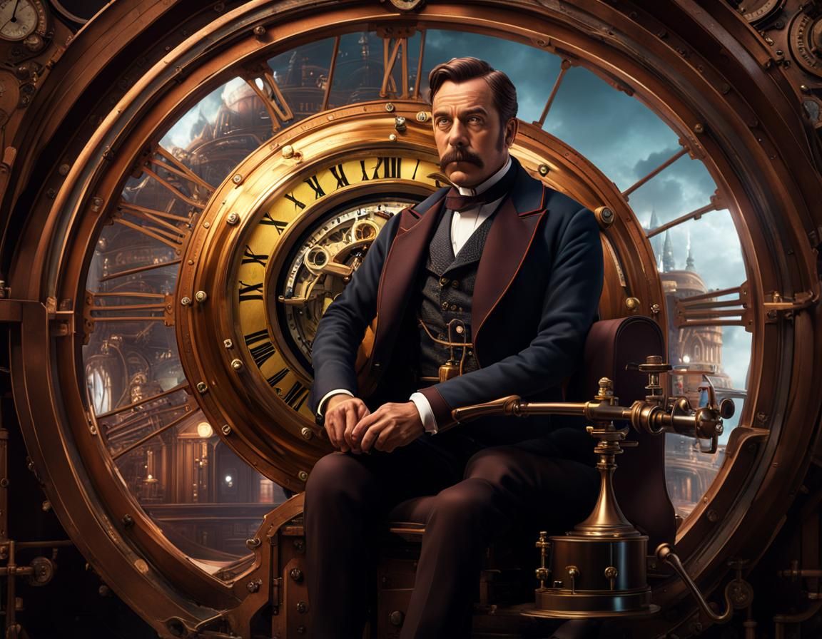 HG Wells in Victorian Steampunk Time Machine