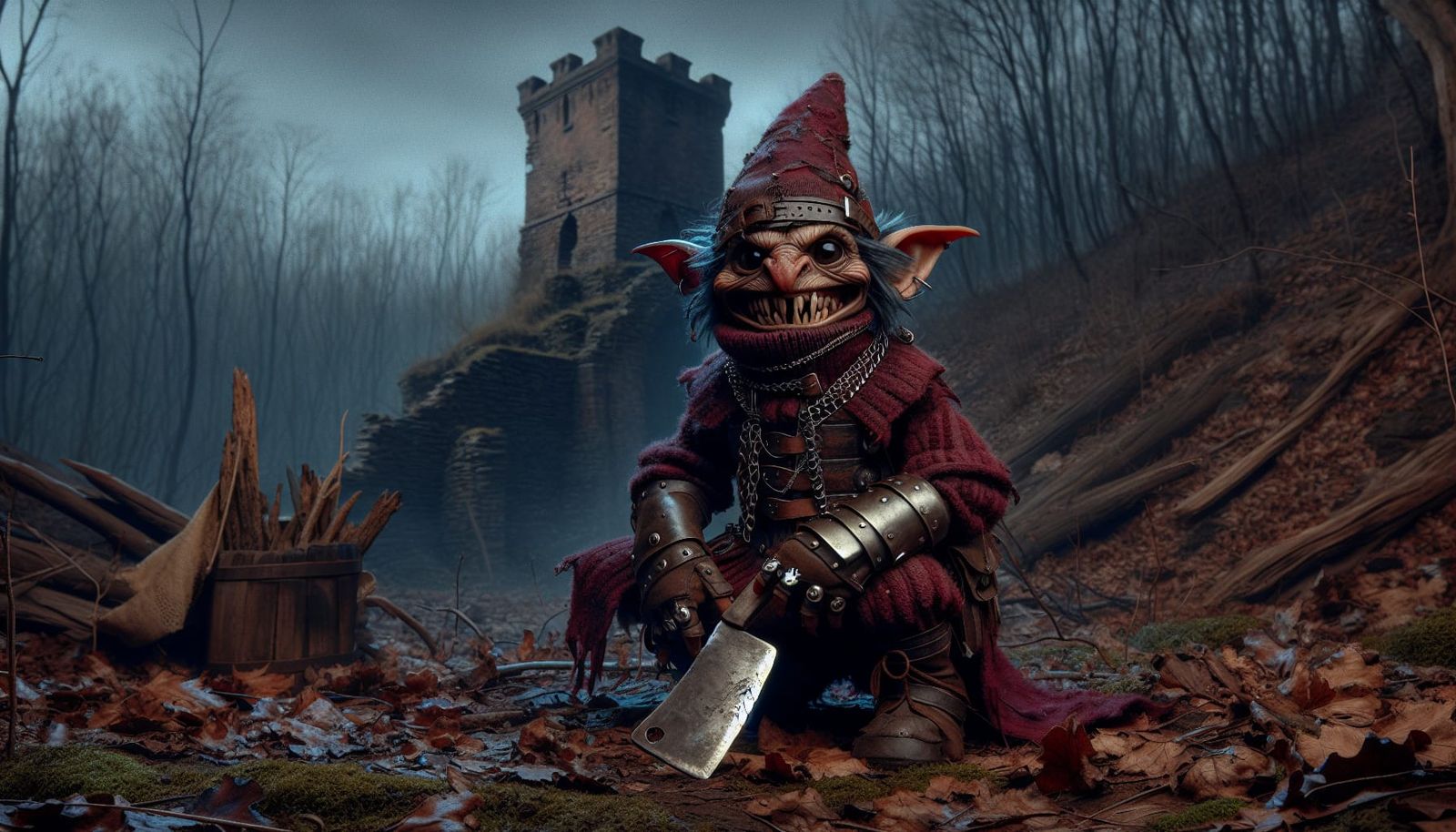 Gothic Forest Creature in Dark Red Attire, Amidst Ruined Cas...