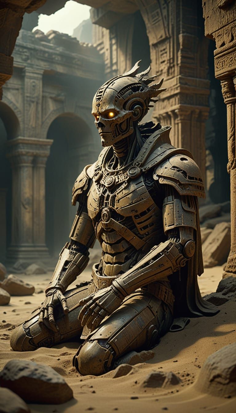 Ancient Fossilized Guardian in a Golden Mist