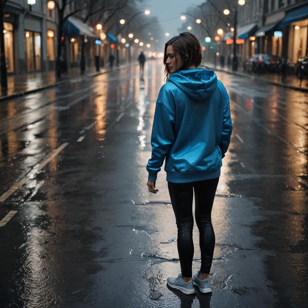 Rainy City Portrait with Woman in Hoodie