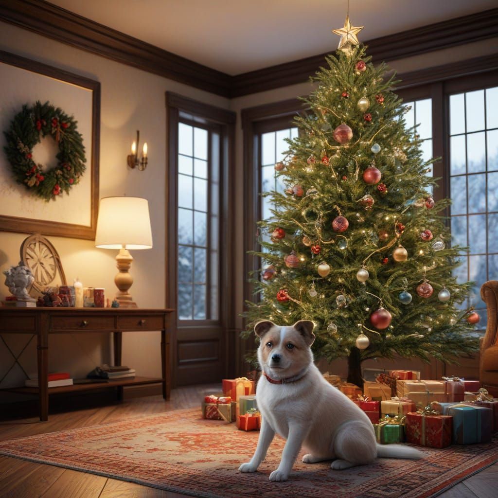 Majestic Christmas Tree Scene with Curious Pets
