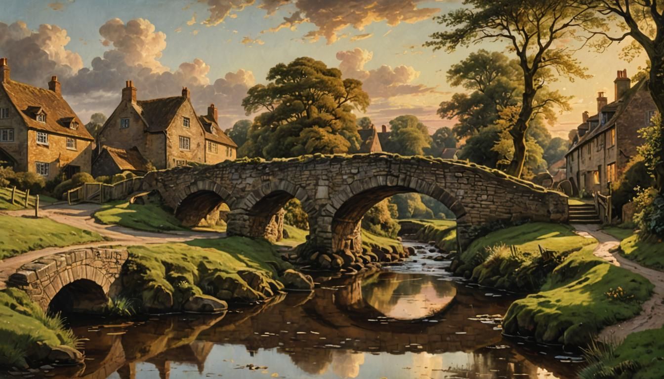 Twilight Village: An Oil Painting in Gainsborough Style