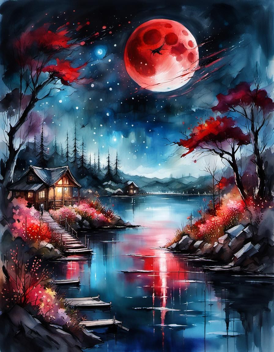 Epic Gateway Under Blood Moon in Watercolor