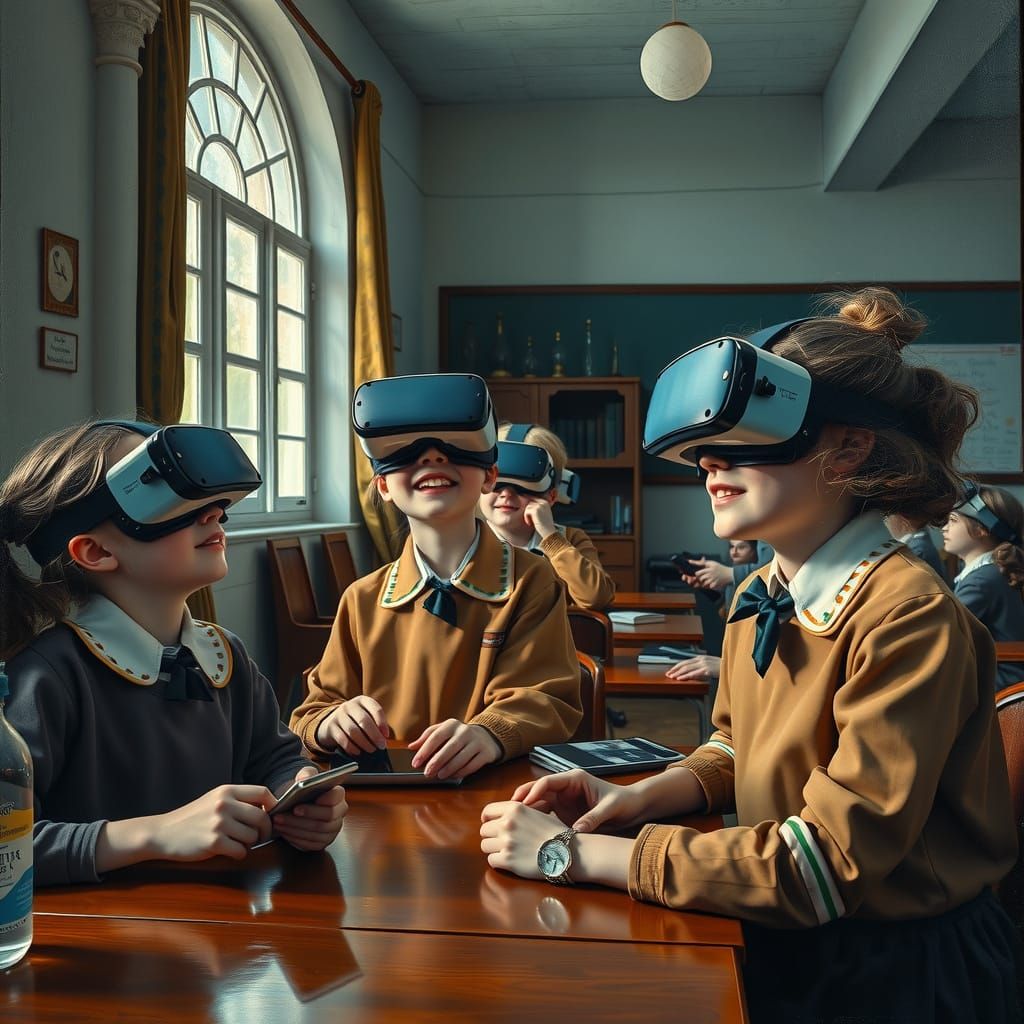 Children in Retrofuturistic Boarding School Scene