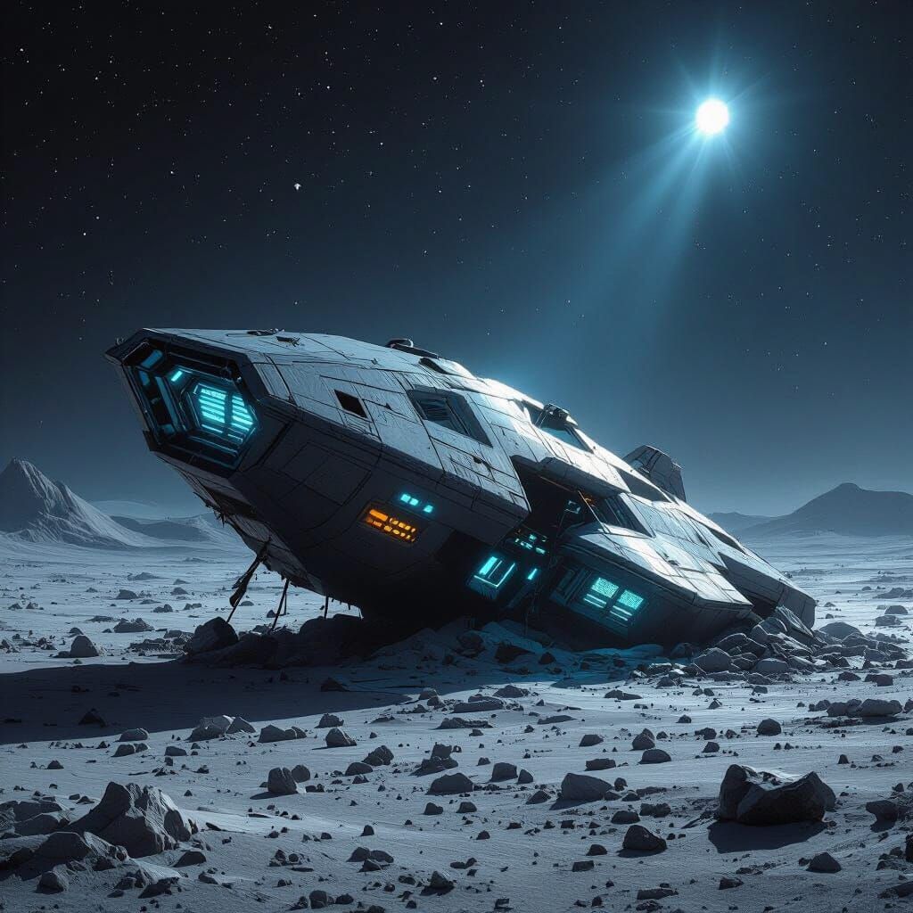 Crashed Alien Ship on Desolate Moonscape