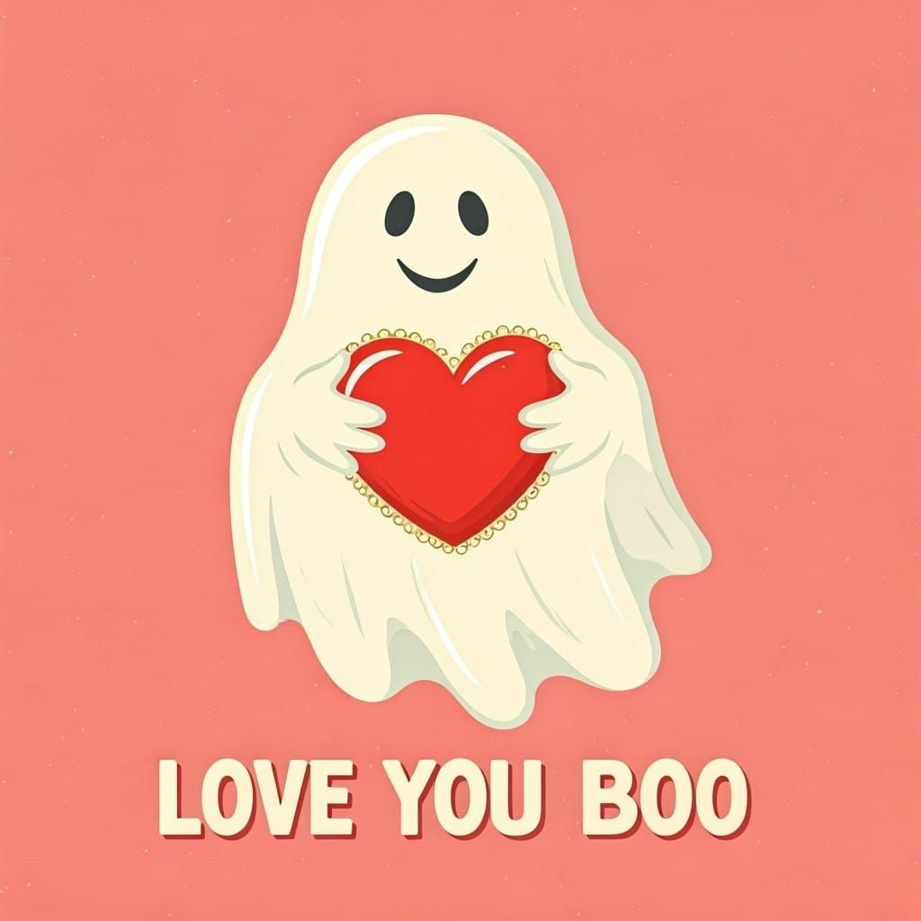 Whimsical Ghost with Glowing Heart in Vintage Pastel Pink
