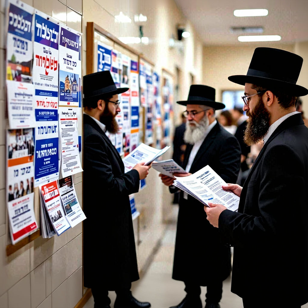Men Study Hebrew Posters in Synagogue Hallway
