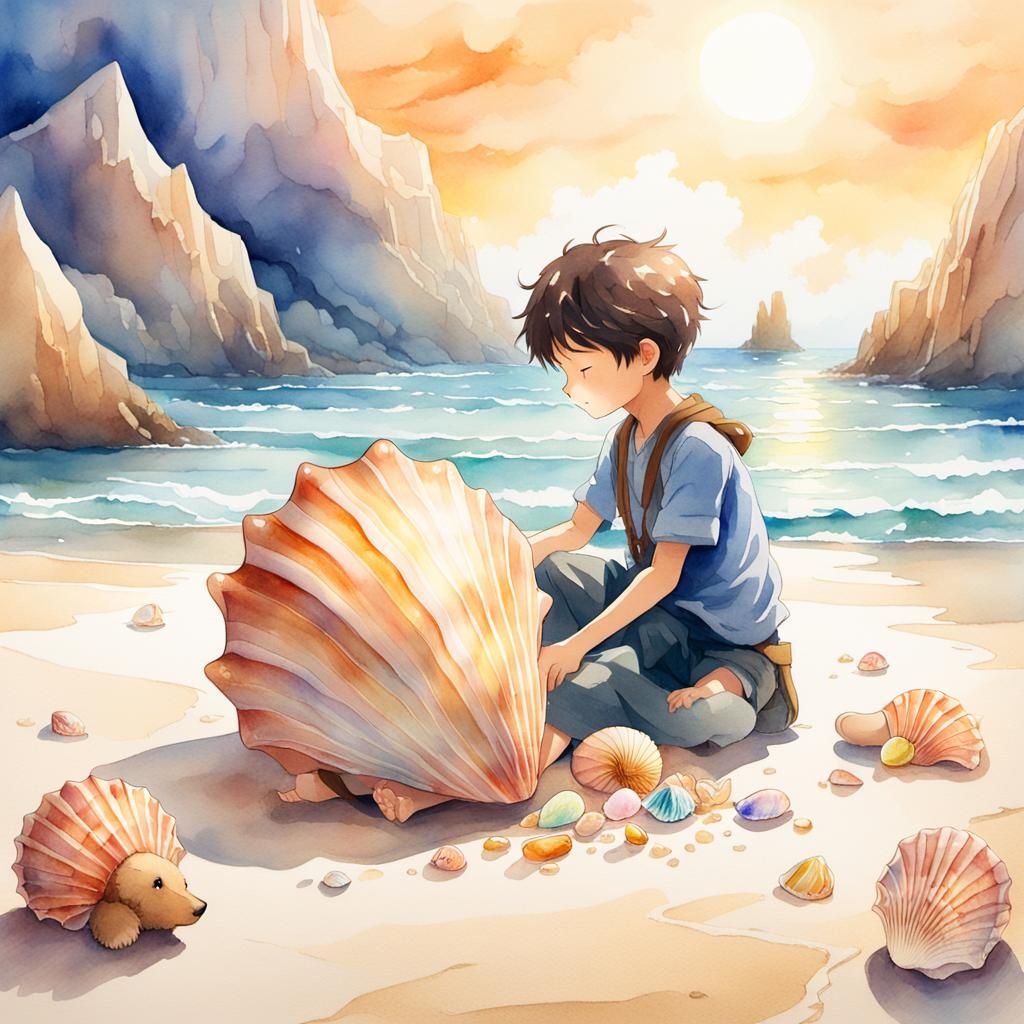 Boy with Bear in Seashell, Watercolor Anime Style