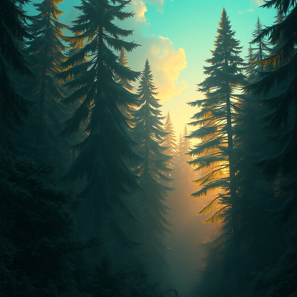 Mystical Fir Forest with Ombre Sky, Digital Art