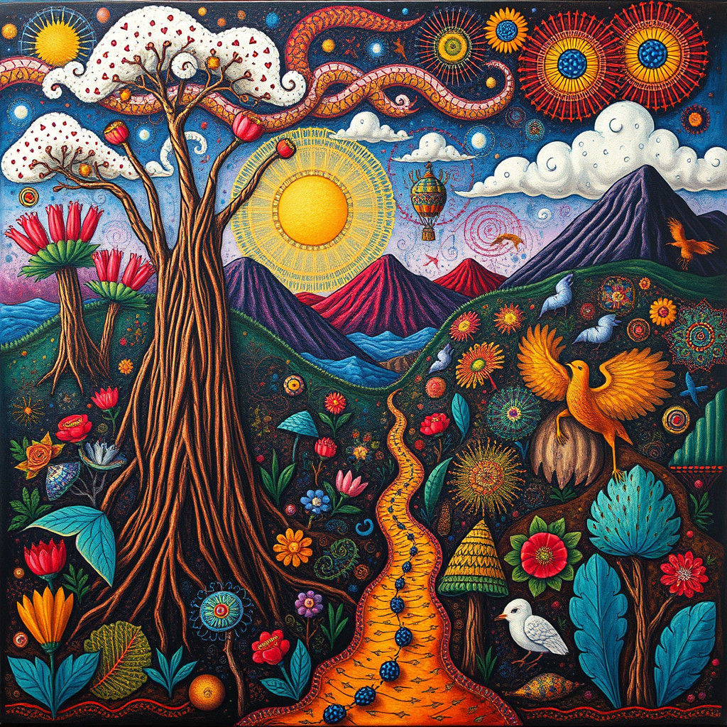Surreal Maximalist Folk-Art Landscape in Oil