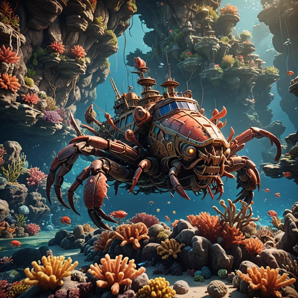 Crustacean Pirate Ship on Coral Reef in 3D