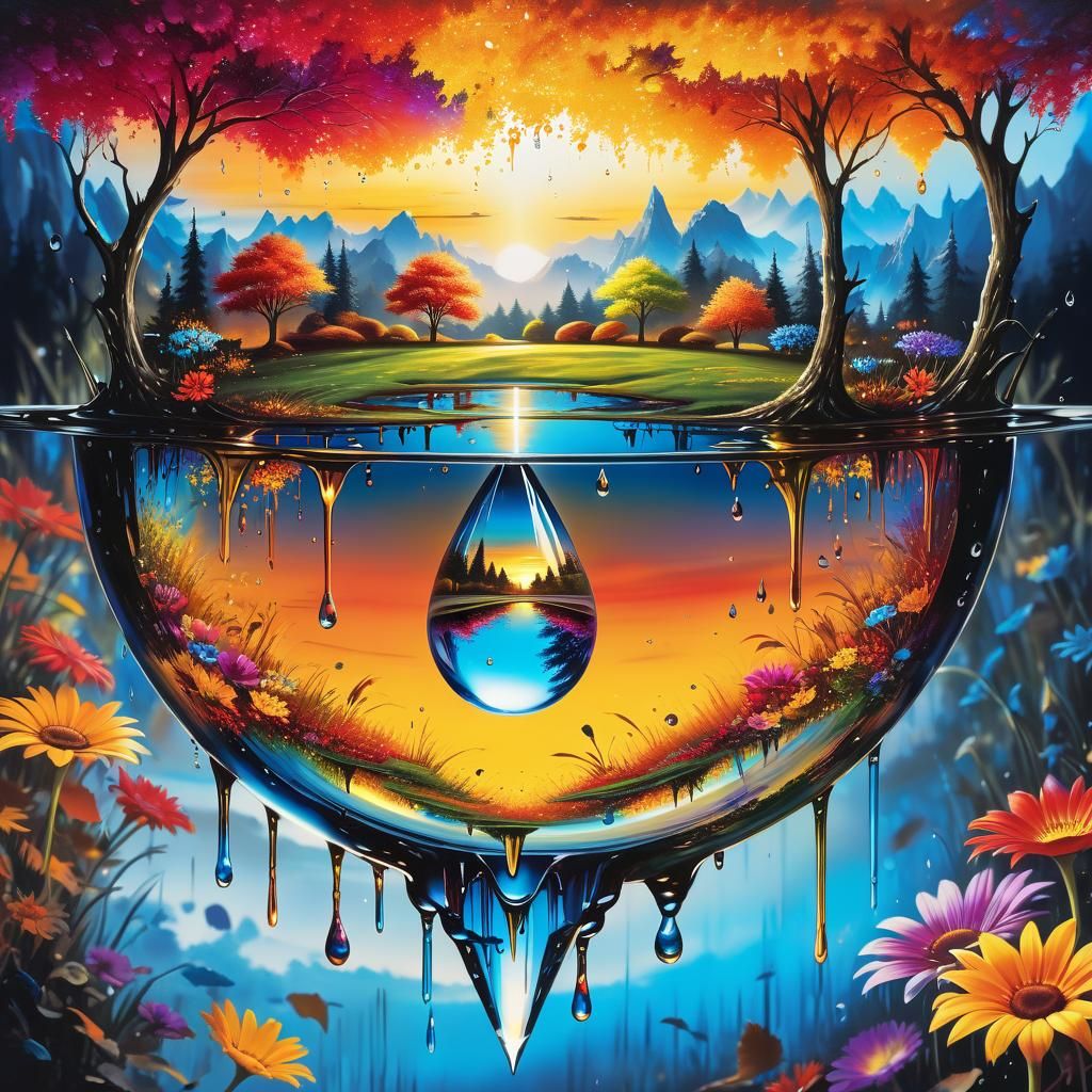Mystical Landscape Reflected in Liquid Chrome Drop