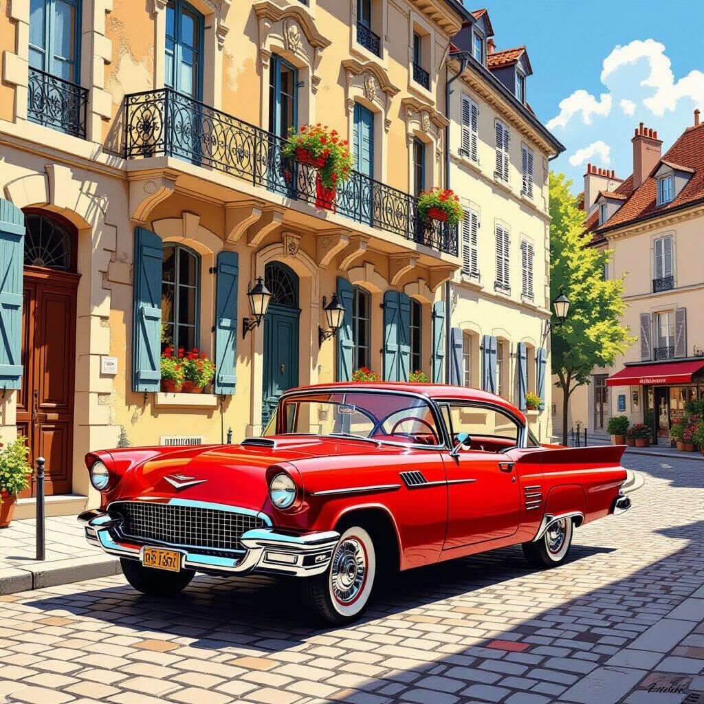 Vintage American Car in Quaint French Village