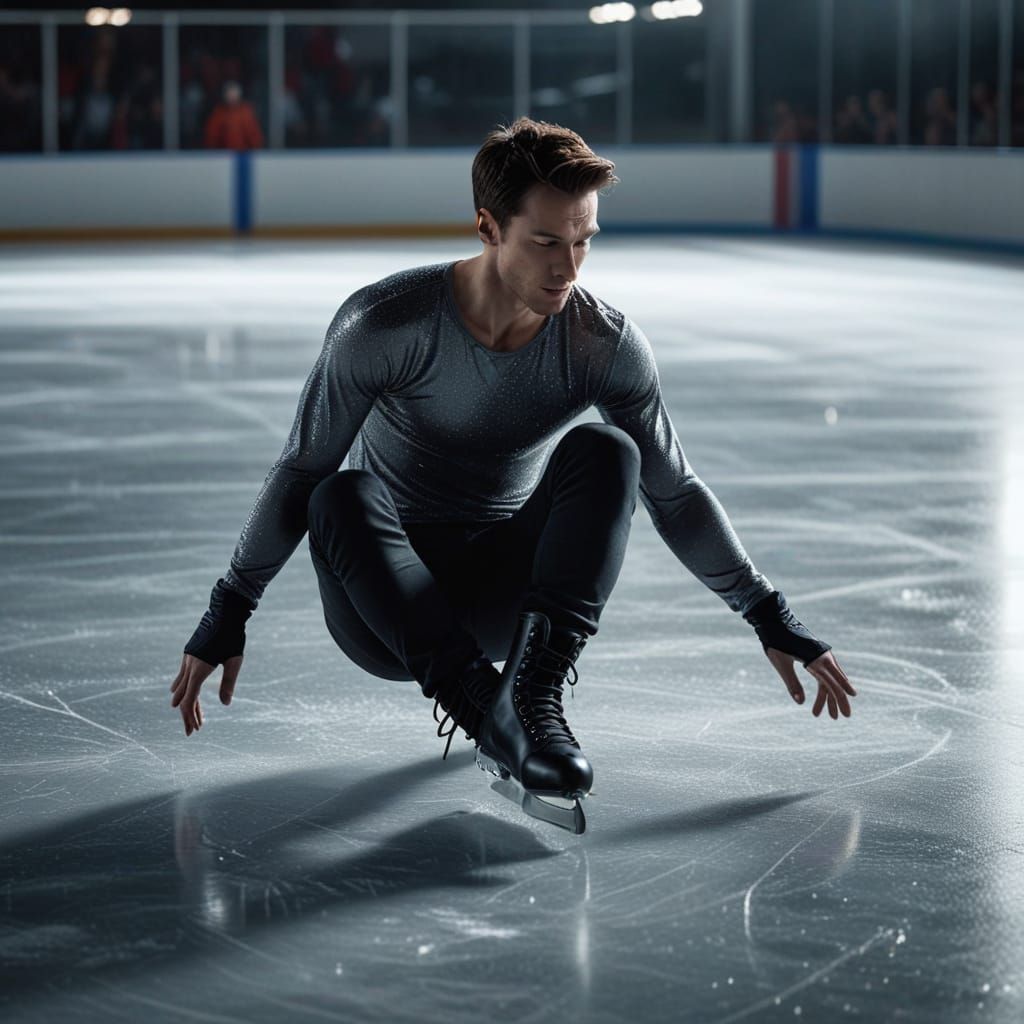 Photorealistic Male Figure Skater Sit Spin on Ice