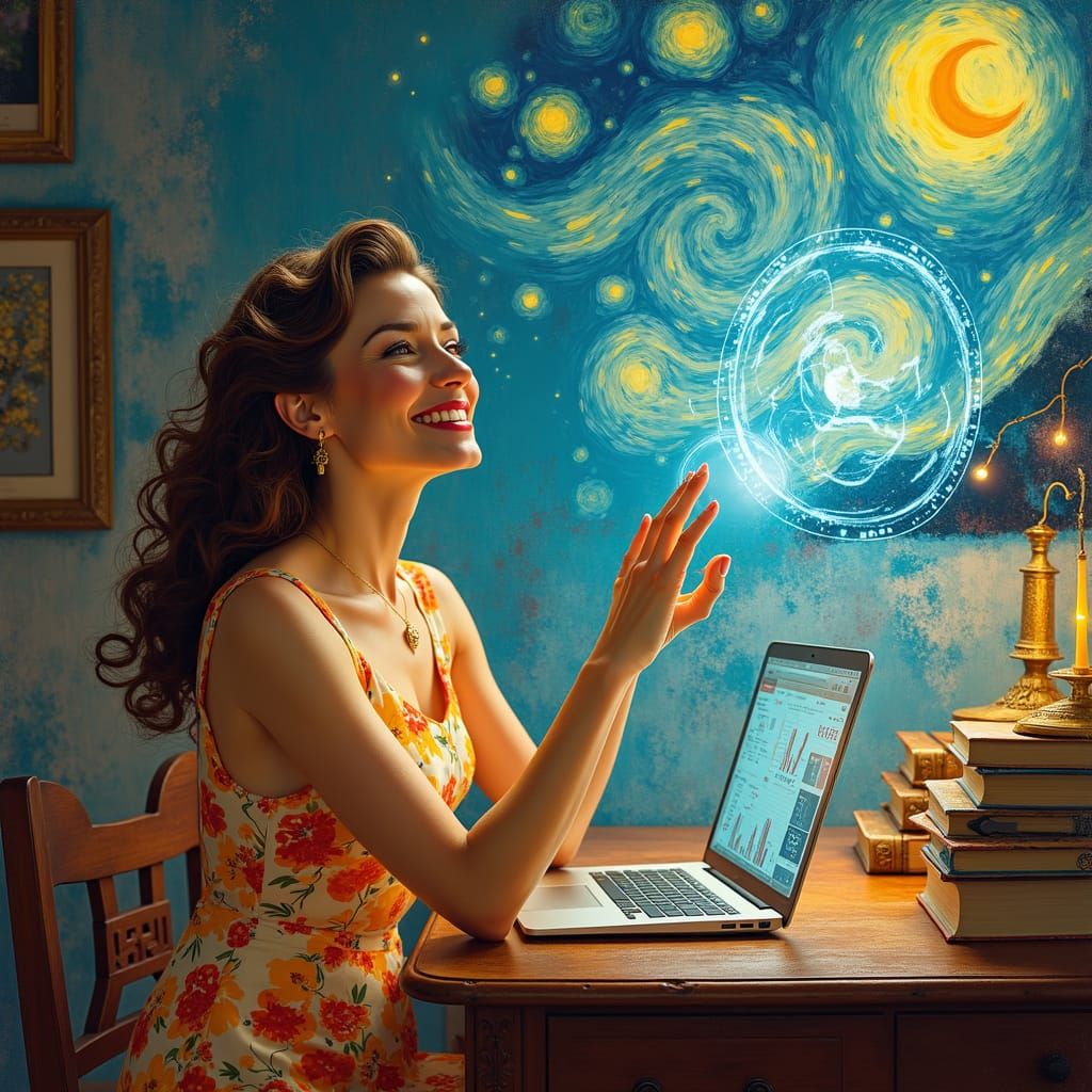 Elegant Woman at Desk with Holographic Display