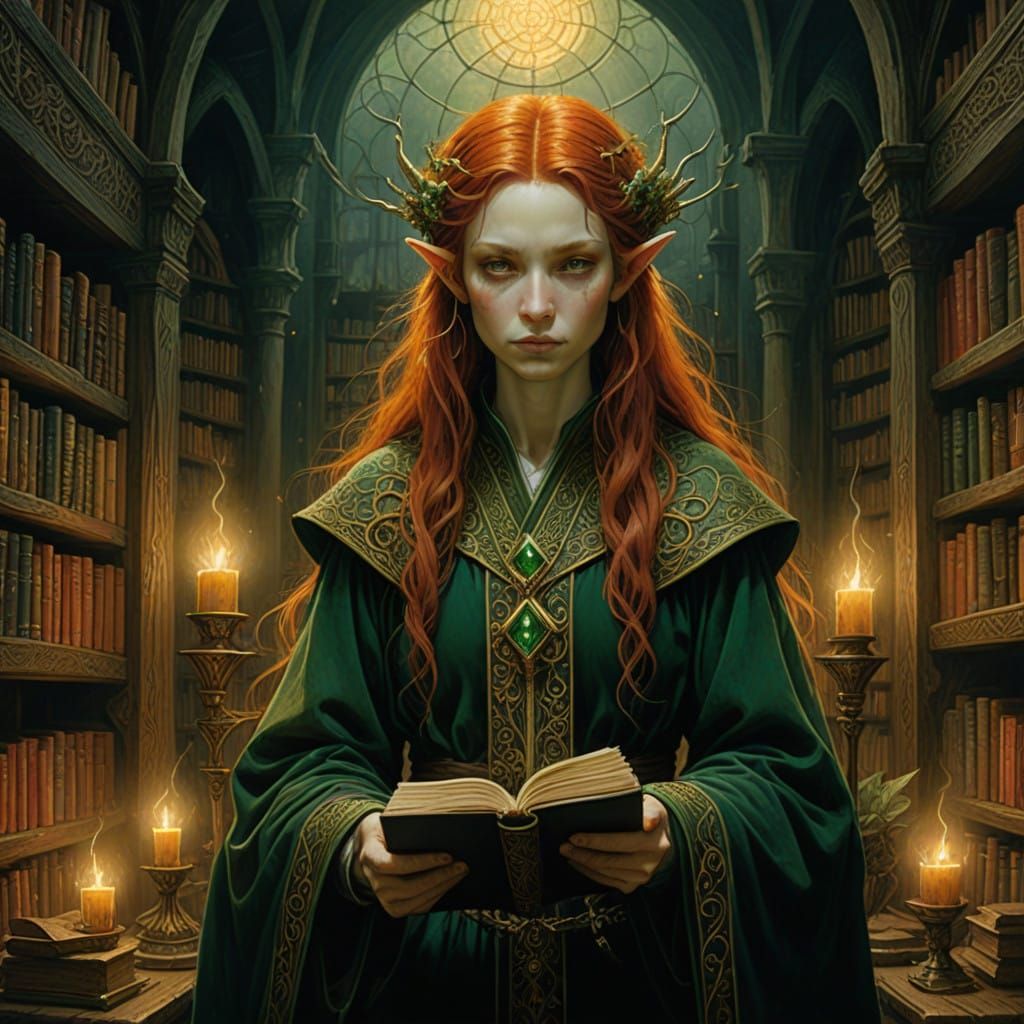 Sorceress Elf in Velvet Robes with Glowing Magic Staff