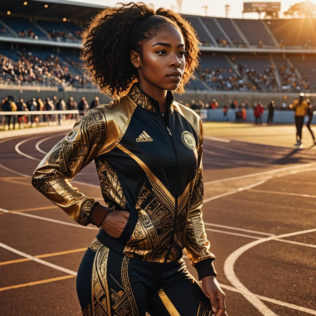 Athletic Woman in Gold Tracksuit: Fantasy Concept Art