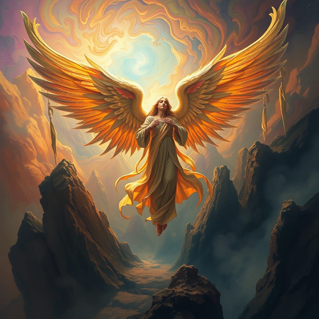 Angel Descends onto Ancient Landscape in Vibrant, Swirling C...