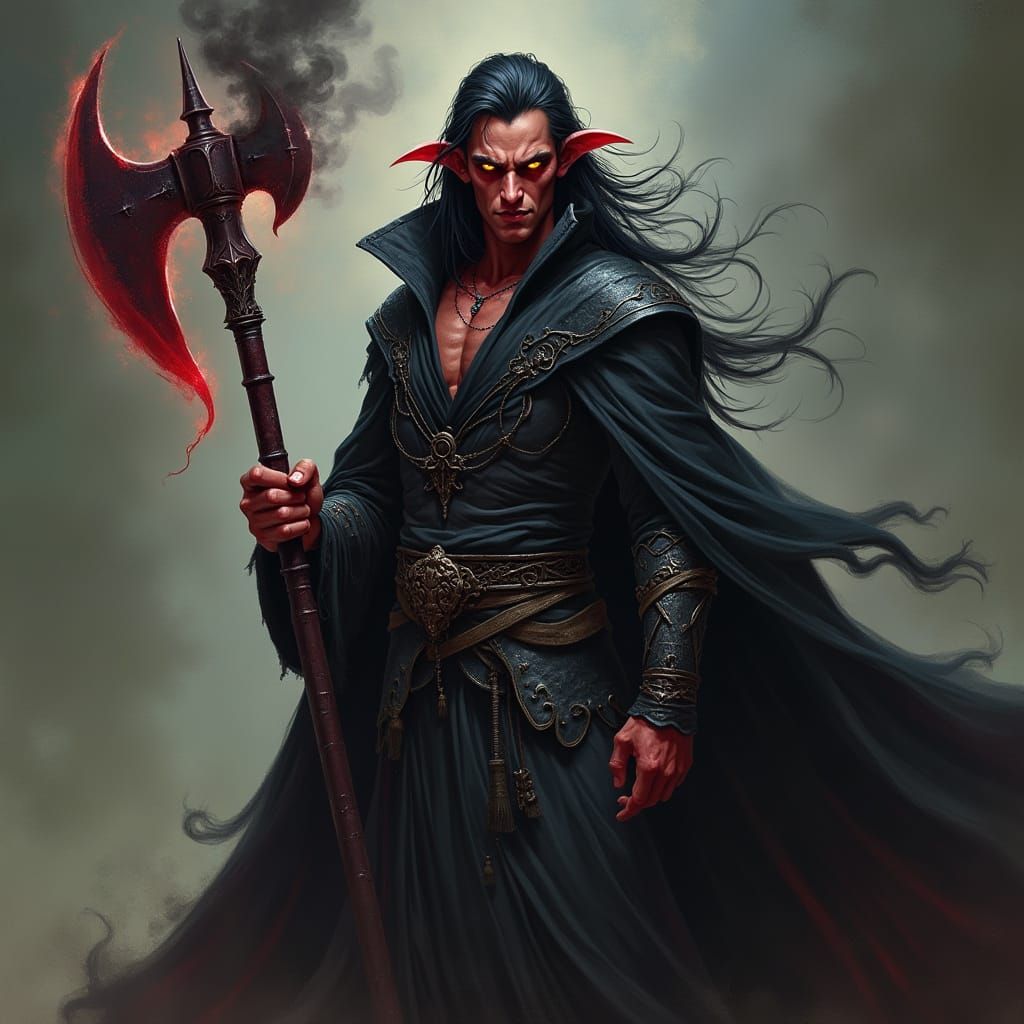 Confident Tiefling Warlock with Dark Red Pole Axe