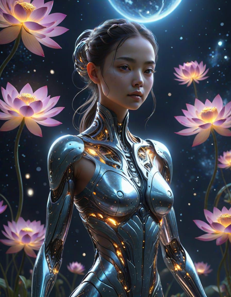Elegant Biomechanical Alien Among Cosmic Lotus Flowers