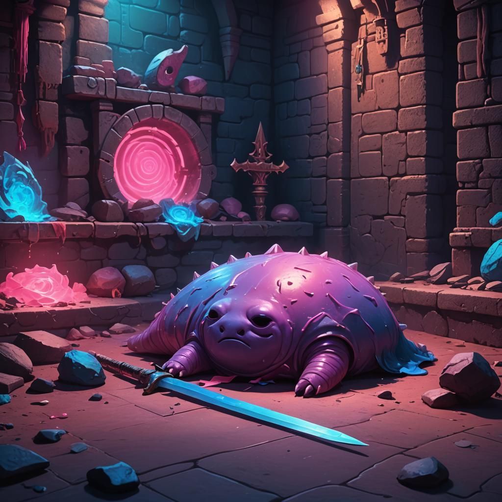 Fantasy Blob Creature Sleeps in Dungeon: 3D Digital Art