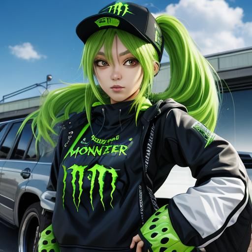 Girl in Monster Cap at Car Meet: Anime Style