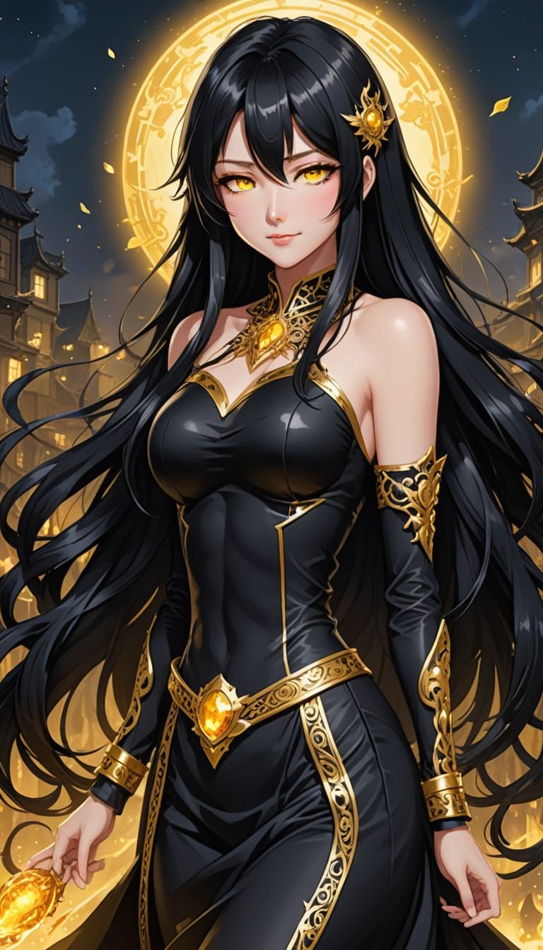 Anime Style Woman with Flowing Hair and Yellow Eyes