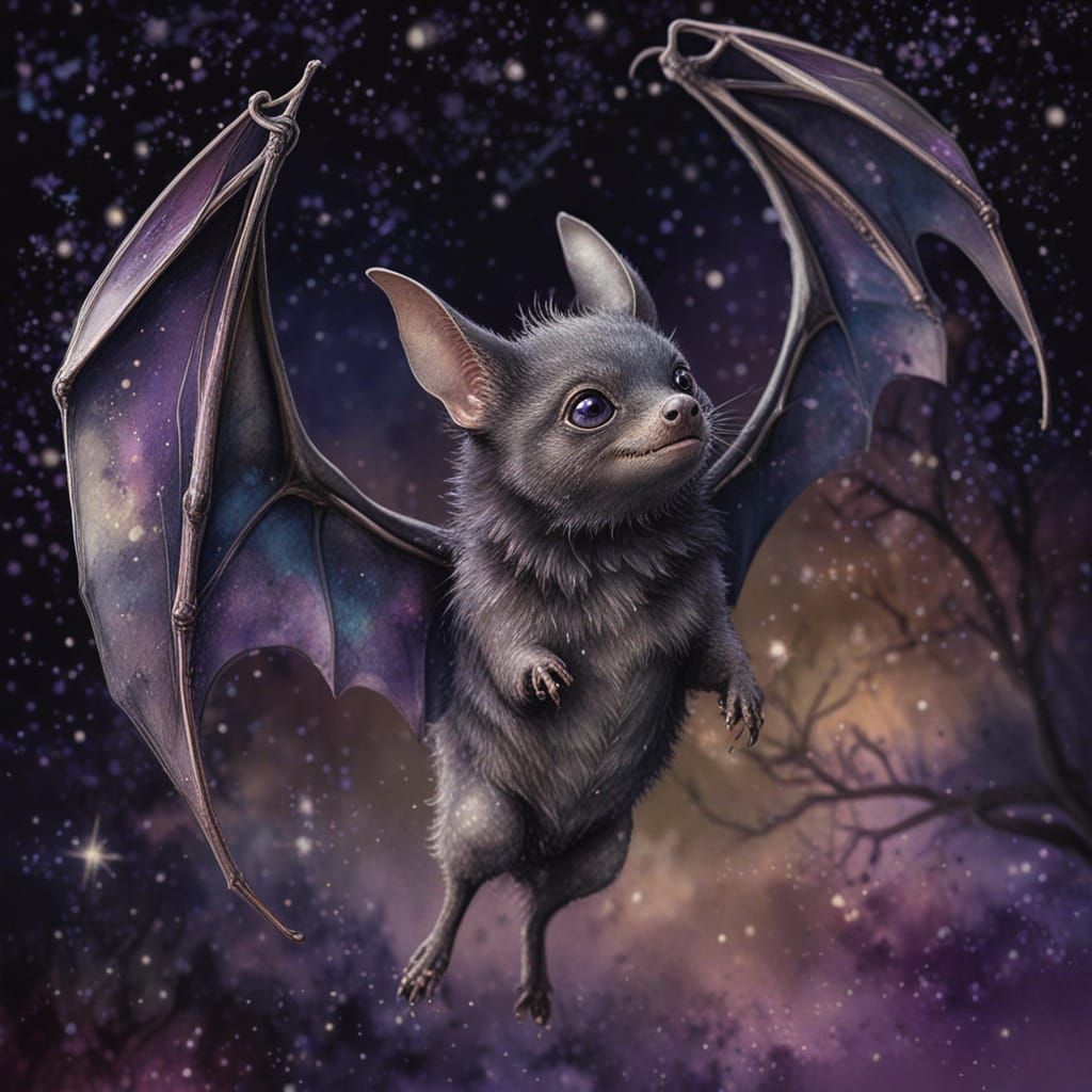 Adorable Bat with Iridescent Wings in Watercolor Style