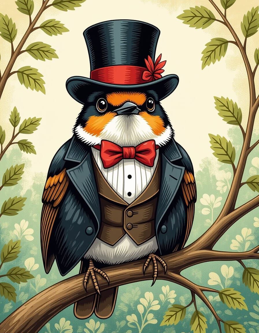 Robin Dressed in Tuxedo, Whimsical Art