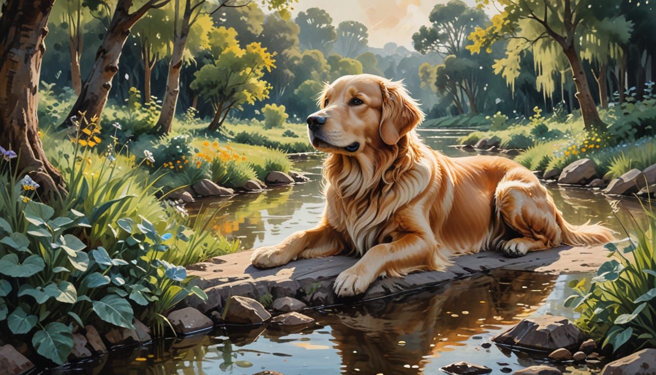 Golden Retriever Family in Sunlit Meadow, Gouache Style