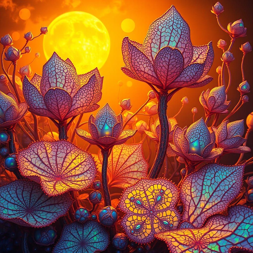 Ethereal Opaline Landscapes with Fractal Plants in Golden Li...