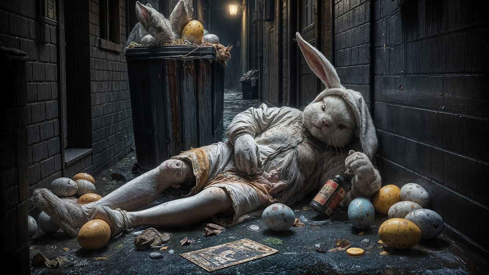 Easter Bunny in Dark Alley Horror Scene
