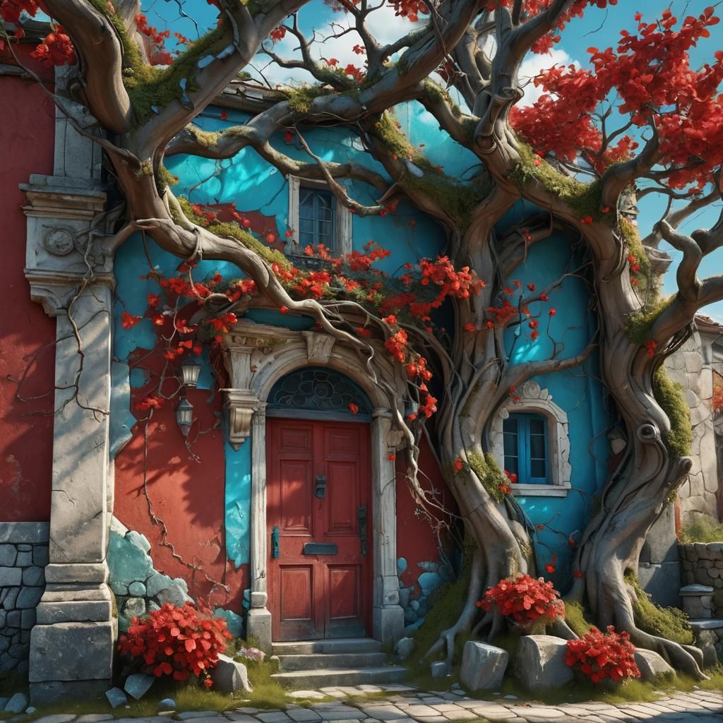 Fantasy House with Red Facade and Turquoise Door