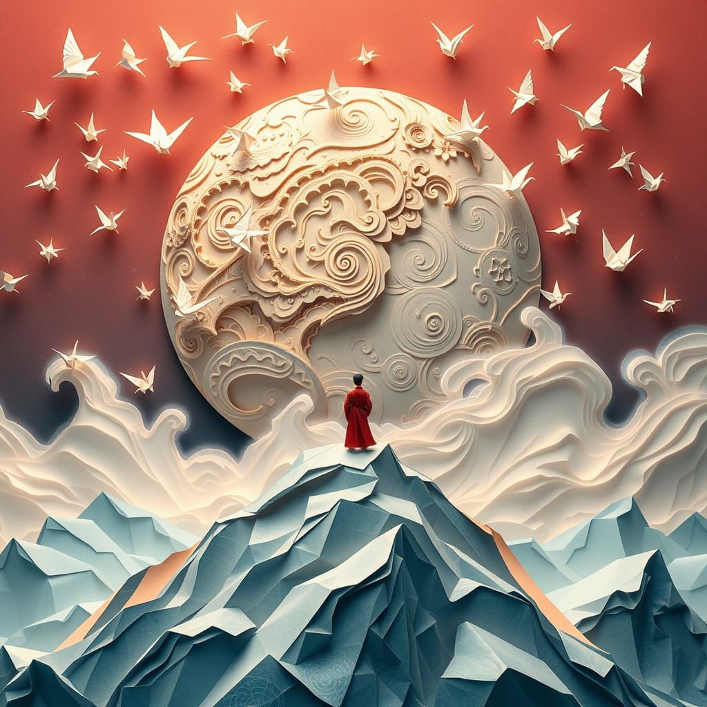 Origami Planet with Chinese Figure in Cosmic Landscape