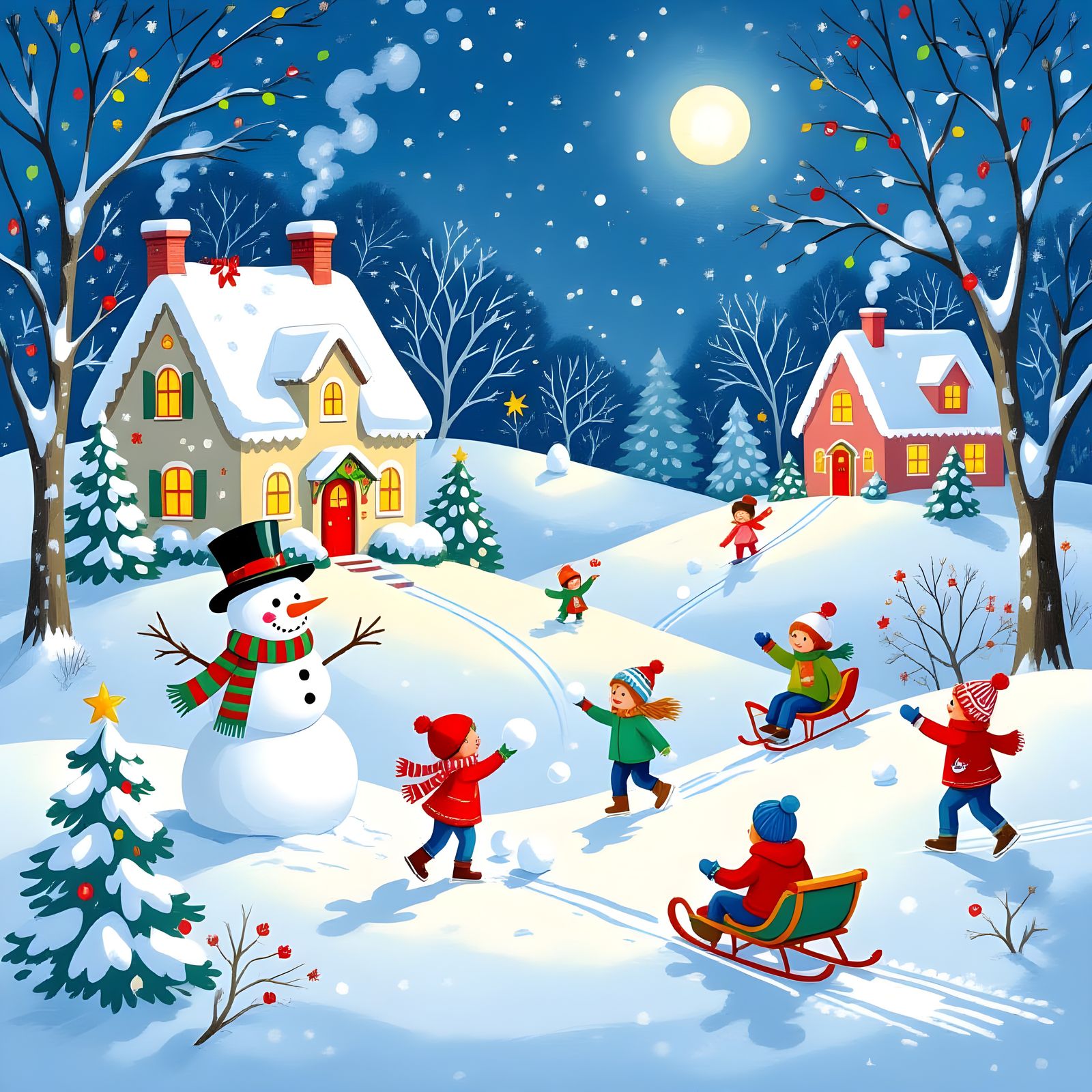 Vibrant Christmas Village with Snowman and Kids Playing