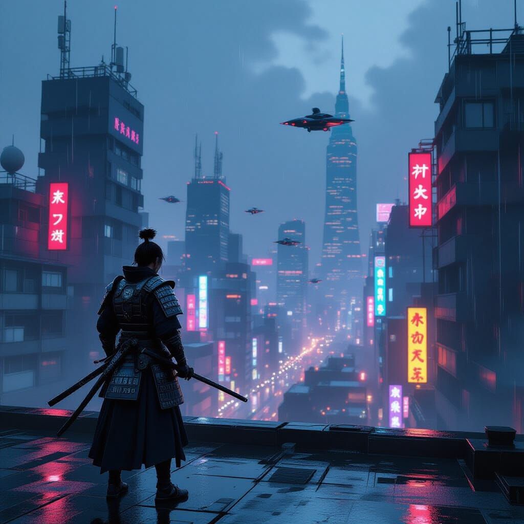 Samurai Warrior Overlooks Neon Metropolis at Dusk
